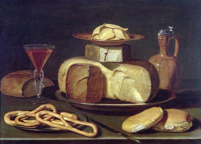 Nature morte avec pain, fromage, vin et bretzels - Osias the Elder Beert